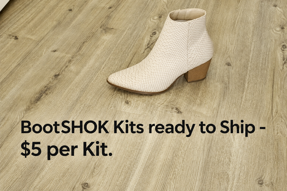 Tan ankle boot with text: BootSHOK Kits ready to Ship - $5 per Kit